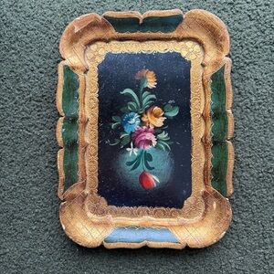 Vintage Italian Florentine Gilt Wood Tray Hand Painted Floral Renzo Carli Italy